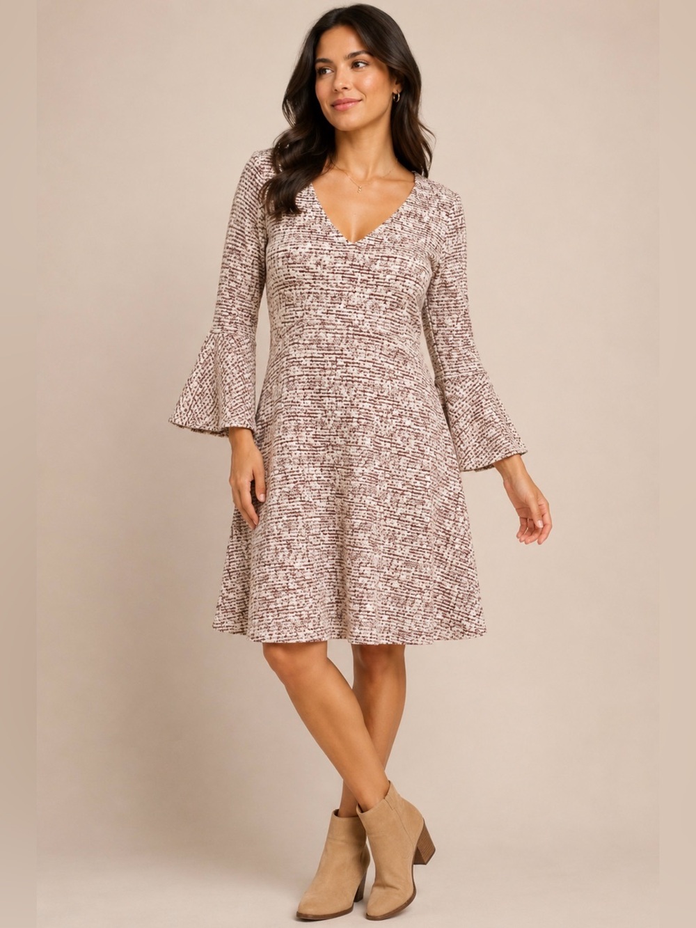 Maeve Anthropologie Bell Sleeve A-Line Dress Brown Cream Size S